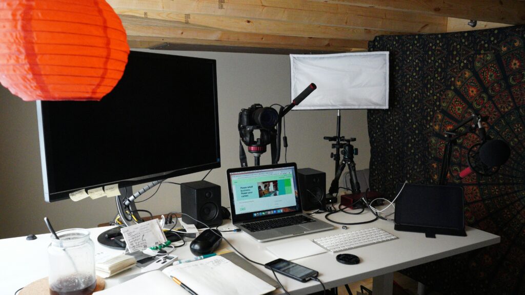 Streaming vs 9 to 5: Professional streamer studio setup with lighting and camera